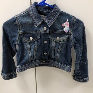 Girls denim jacket with custom embroidery and unicorn pendant. Perfect condition